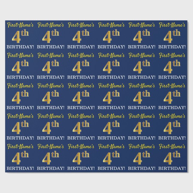 Blau, Nachahmung Gold Look "4. BIRTHDAY" Geschenkpapier (Flach)