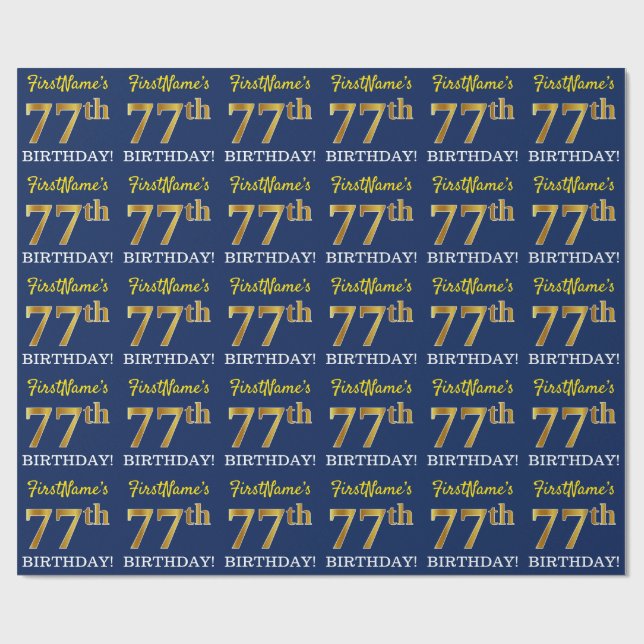 Blau, Nachahmung Gold Look "77. GEBURTSTAG" Geschenkpapier (Flach)