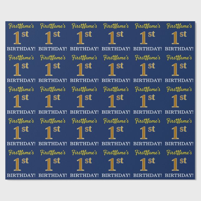 Blau, Nachahmungs-Gold-Look "1. BIRTHDAY" Geschenkpapier (Flach)