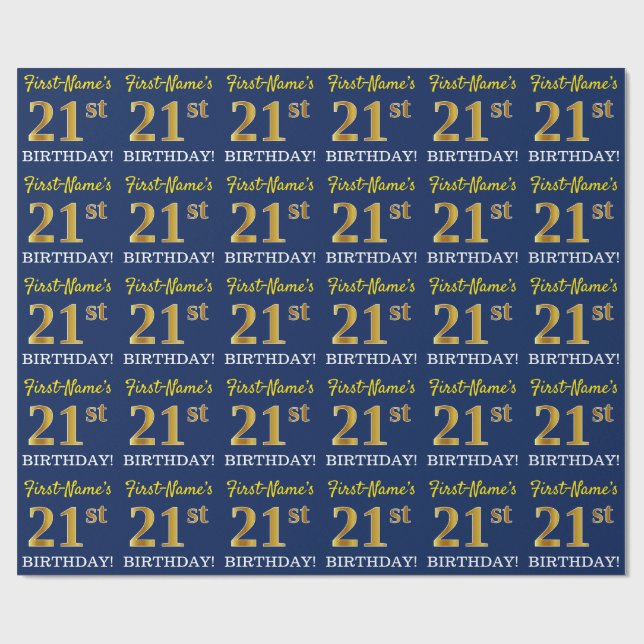 Blau, Nachahmungs-Gold-Look "21. GEBURTSTAG" Geschenkpapier (Flach)