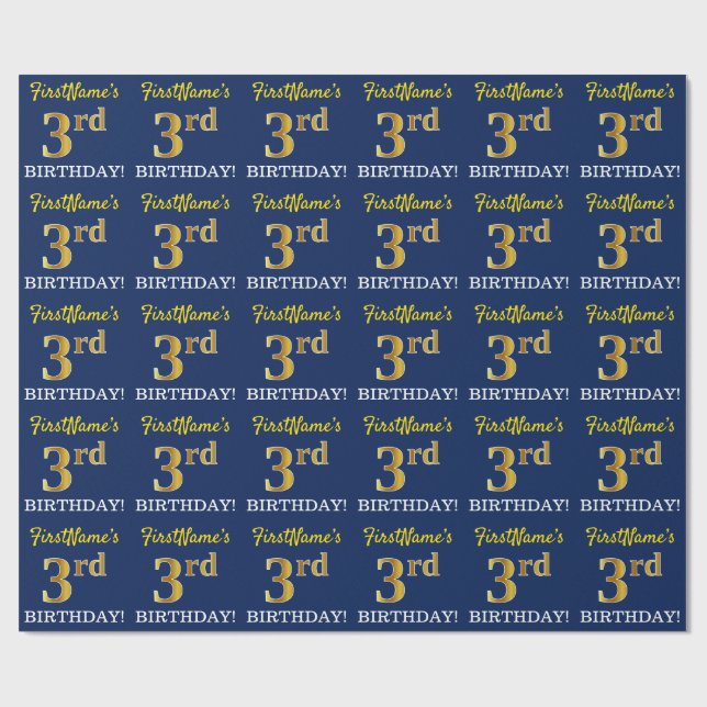 Blau, Nachahmungs-Gold-Look "3. BIRTHDAY" Geschenkpapier (Flach)