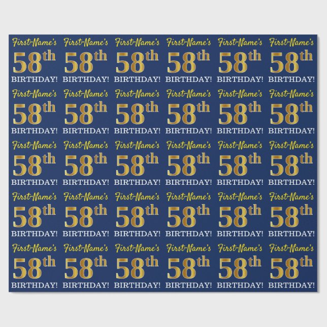 Blau, Nachahmungs-Gold-Look "58. BIRTHDAY" Geschenkpapier (Flach)