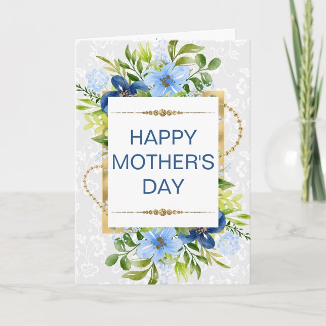 Blau & Navy Blumen & Gold Muttertag Karte (Vorderseite)