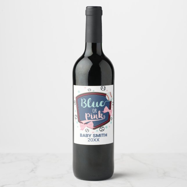 blau oder rosa Baseball oder beugt Genderoffenbaru Weinetikett (Vorderseite)