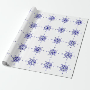 Blau-on-White Coastal Dekor Kompass Rose Muster Geschenkpapier