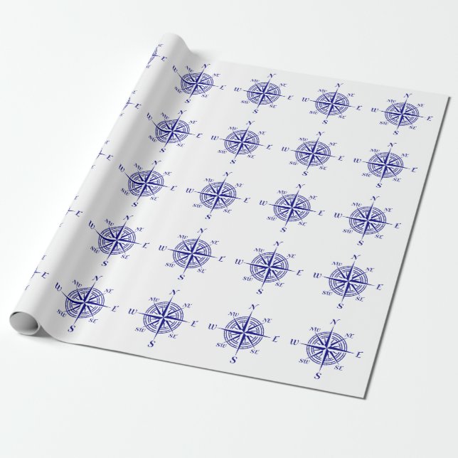 Blau-on-White Coastal Dekor Kompass Rose Muster Geschenkpapier (Ungerollt)