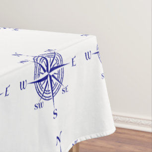 Blau-on-White Coastal Dekor Kompass Rose Muster Tischdecke
