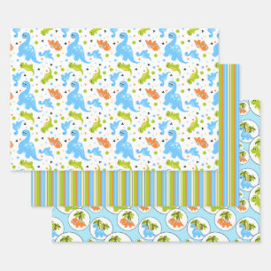 Blau, orange, grüne Koordination von Dinosaurier Geschenkpapier Set