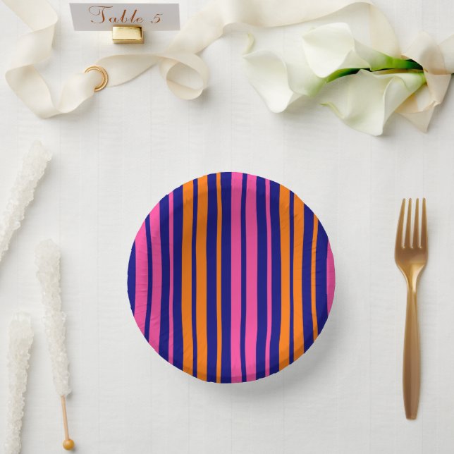 Blau Orange Pink Vertikale Streifen Design   Pappteller (Hochzeit)