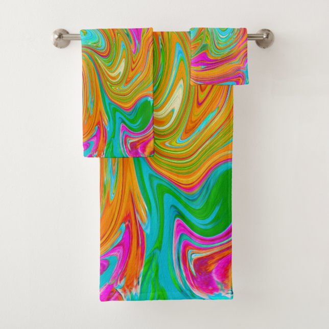 Blau, orange und scharf rosa Groovy Abstrakt Retro Badhandtuch Set (Insitu)