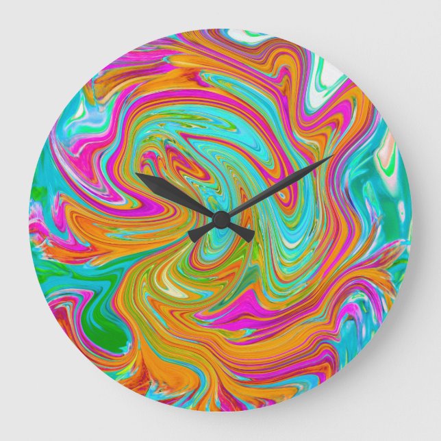 Blau, orange und scharf rosa Groovy Abstrakt Retro Große Wanduhr (Vorderseite)