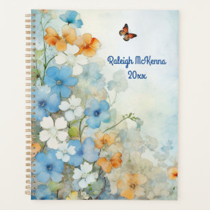 Blau, Pfirsich und Weiße Wildblumen Aquarell Planer
