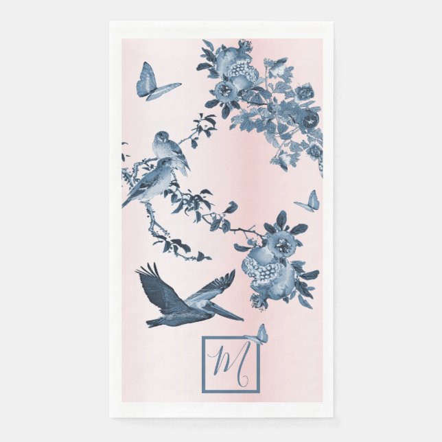 Blau Pink Chinoiserie Floral Elegantes Monogramm Serviette (Vorderseite)