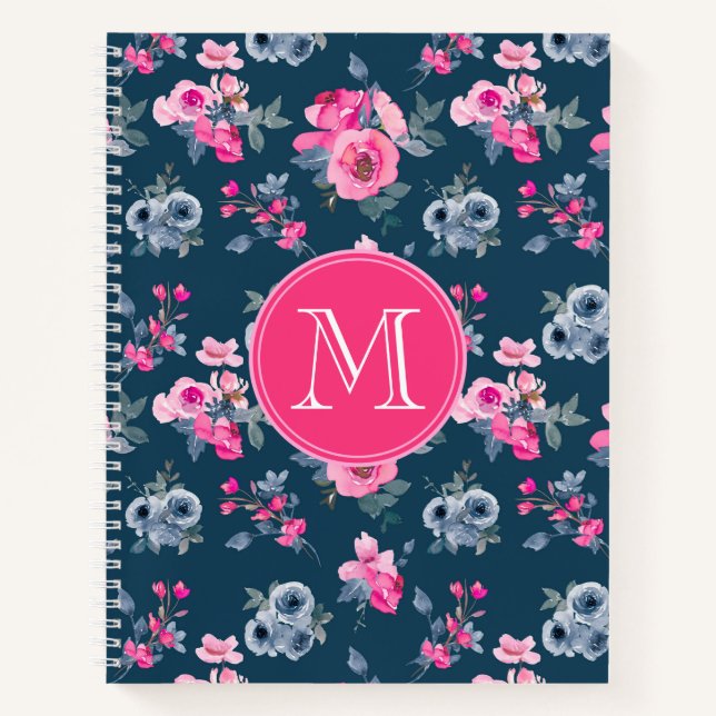 Blau-Pink-Floral-Monogramm Notizbuch (Vorderseite)