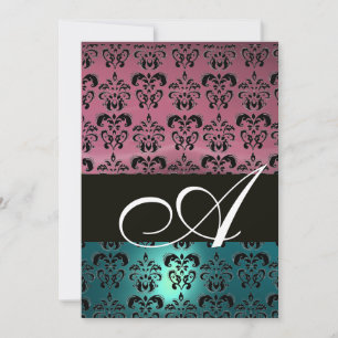 BLAU PINK SCHWARZ DAMAST MONOGRAMM, hell weiß Einladung