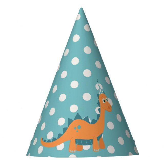 Blau punktierter Cartoonorangendinosaurier Partyhütchen (Vorderseite)