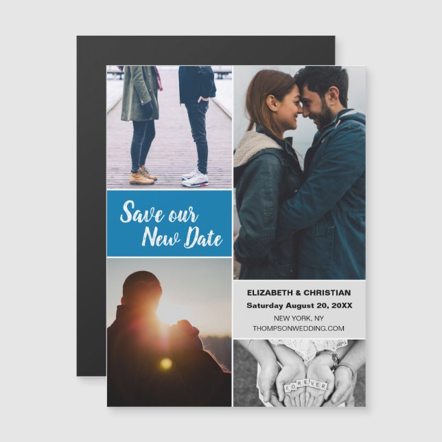 Blau Rette unser neues Date Wedding Foto Magneteinladung (Vorne/Hinten)