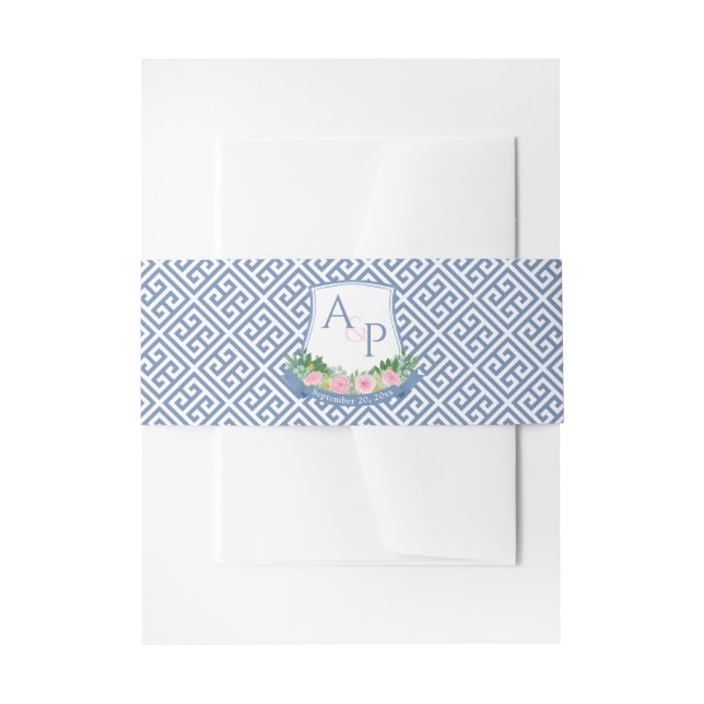 Blau-rosa-blaue Floral-Monogramm-Hochzeitsstift Einladungsbanderole (Vorderseite Beispiel)