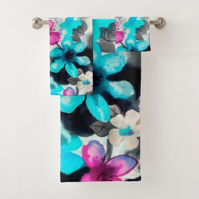 Blau-Rosa-Blume Badhandtuch Set (Insitu)