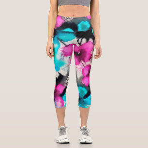 Blau-Rosa-Blume Capri Leggings