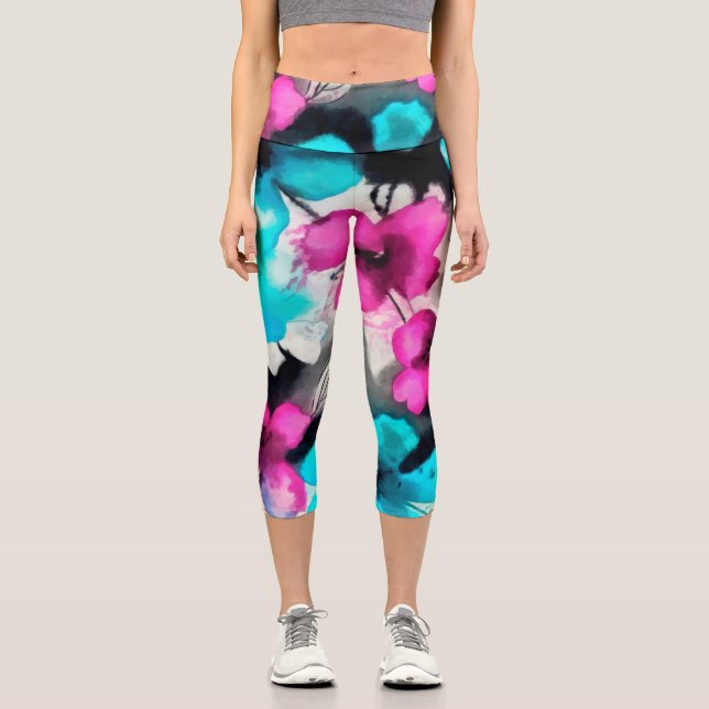 Blau-Rosa-Blume Capri Leggings (Vorderseite)