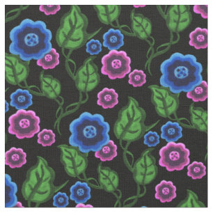 Blau/rosa Blume/grüne Blätter/Blumen/Schwarz Stoff