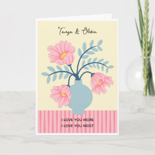 Blau-rosa Blumen-Vasendesign Karte