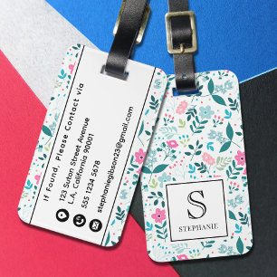 Blau-rosa Blumenmuster mit Monogramm-Namen Gepäckanhänger