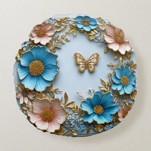 🦋 Blau Rosa Blumenschmetterling Zimmer Dekoration Rundes Kissen
