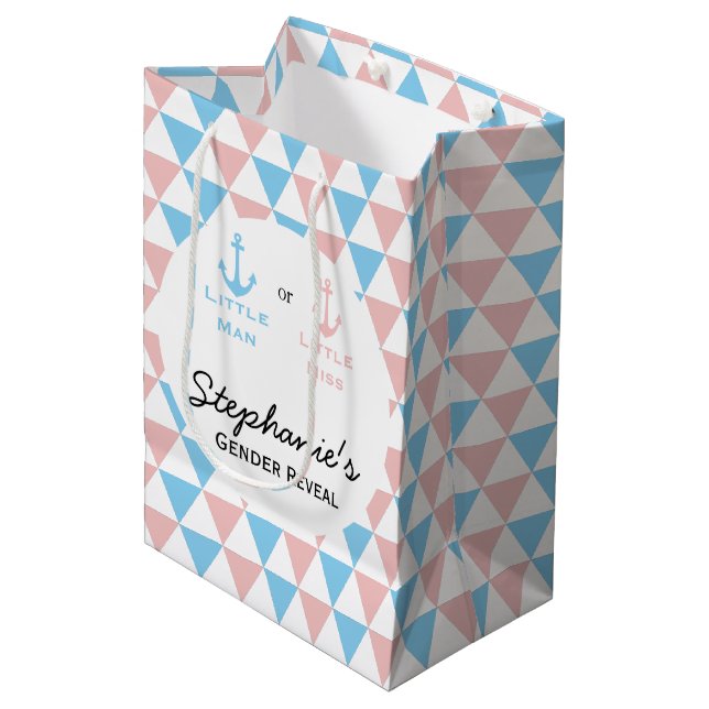 Blau, rosa Dreiecke Geschlecht offenbart Nautikank Mittlere Geschenktüte (Vorderseite Schrägansicht)