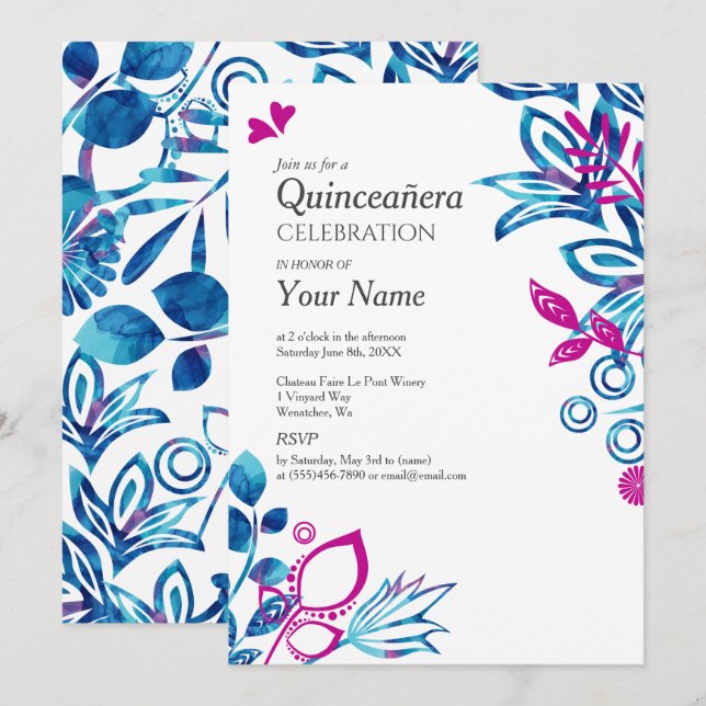 Blau, rosa, florale Quinceñera Einladung (Vorne/Hinten)