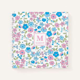 Blau Rosa Florales Monogramm Notizbuch Journal