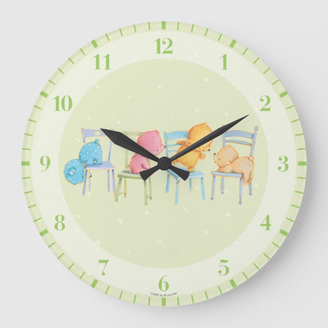 Blau, Rosa, Gelb und Braun spielen Große Wanduhr (Vorderseite)