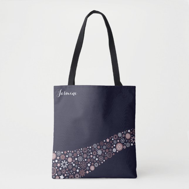 Blau, rosa Gold und weiße Winterschneeflocken Tasche (Vorderseite)