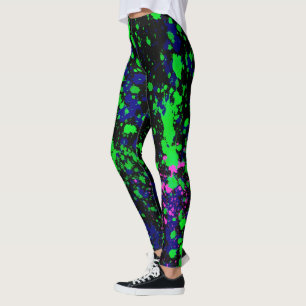 Blau-rosa-grüne Paint-Spritzer auf schwarzen Leggi Leggings