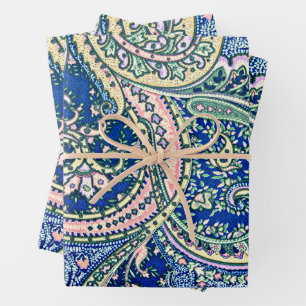 Blau, Rosa, Grüne Paisley-Blumen, Blätter 
