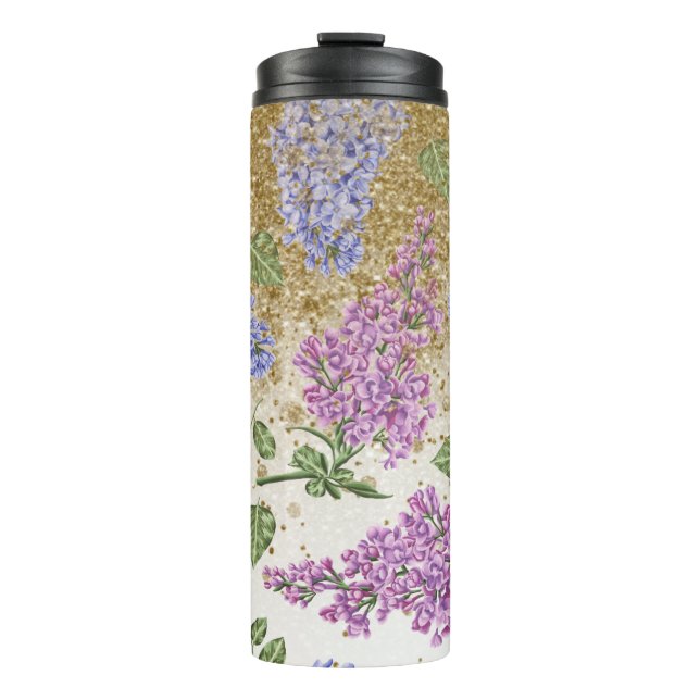 *~* Blau rosa HYDRANGEA Gold Glitzer Floral Thermosbecher (Vorderseite)