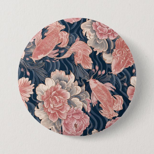 Blau Rosa Koi Chinoiserie Blumenmuster Button (Vorderseite)