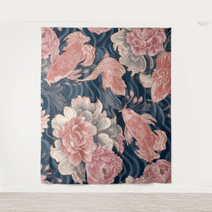 Blau Rosa Koi Chinoiserie Blumenmuster Wandteppich