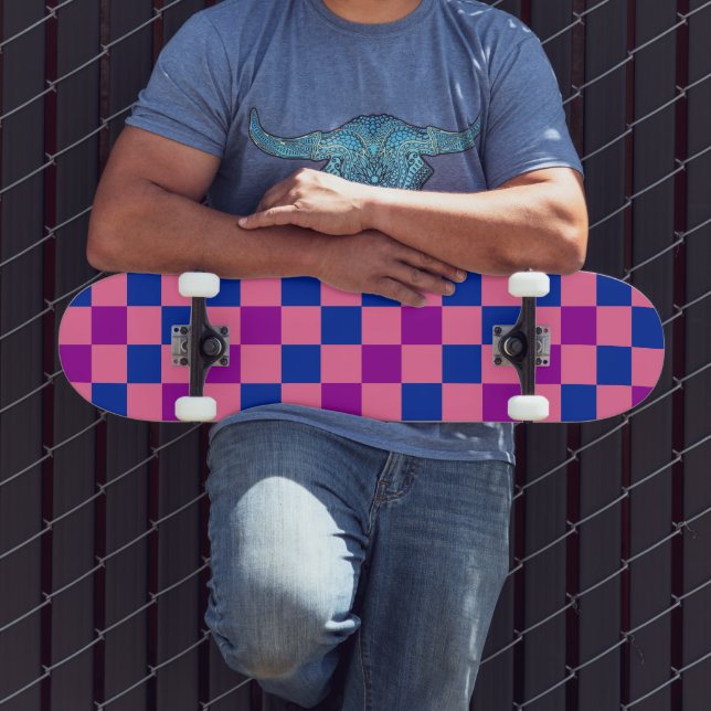 Blau Rosa Lila Karomuster Design  Skateboard (Außenbereich 3)
