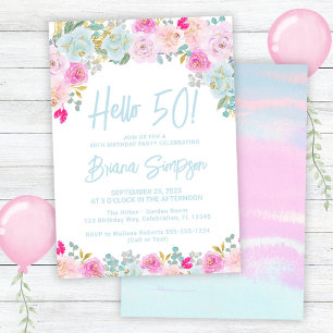 Blau Rosa Pfirsich Lila Floral 50. Geburtstagsfeie Einladung