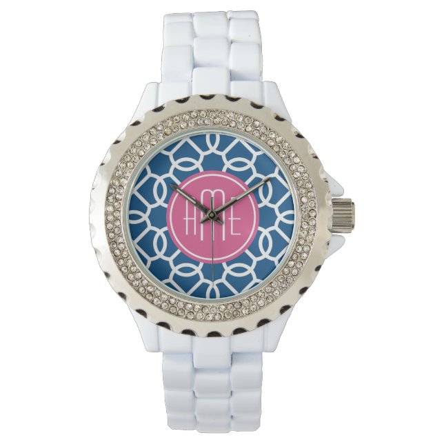 Blau-rosa und blau geometrische Muster Monogramme Armbanduhr (Vorderseite)