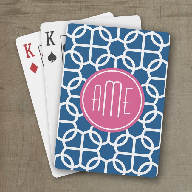 Blau-rosa und blau geometrische Muster Monogramme Spielkarten (Personalized playing cards with monogram or custom text)