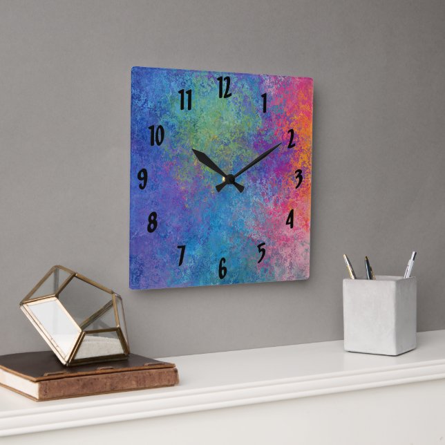Blau-Rosa und Gelb-Mehrfarben Abstrakt Quadratische Wanduhr (Büro)