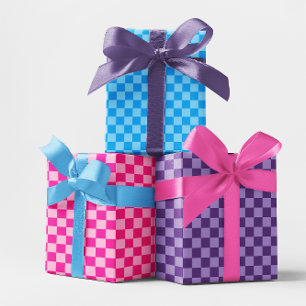 Blau Rosa und Lila Schachbrett Multi Geschenkpapier Set