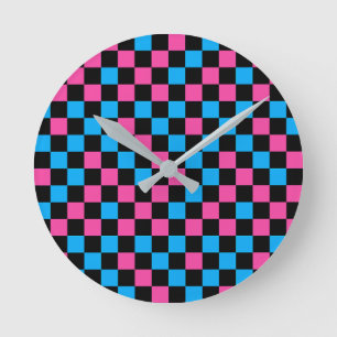 Blau Rosa und Schwarz kariertes Muster  Runde Wanduhr