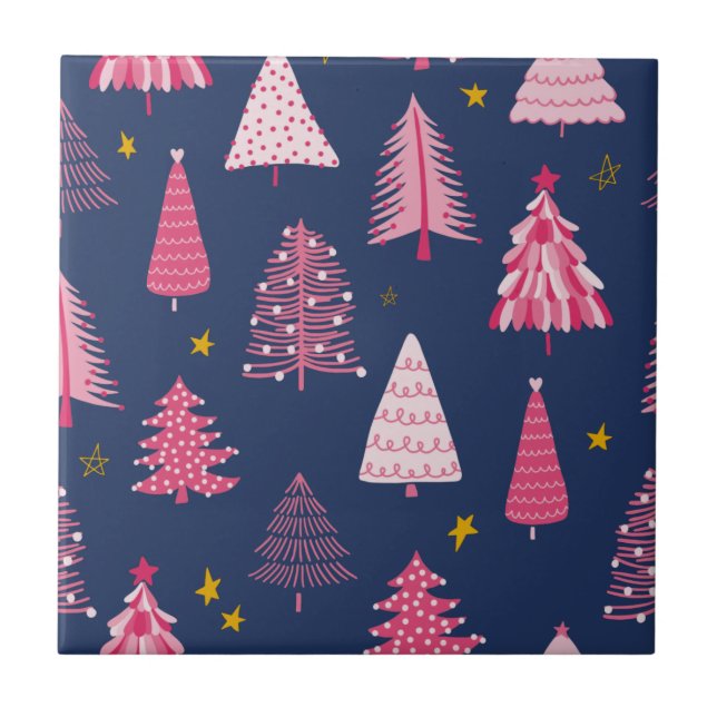 Blau & Rosa Weihnachtsbaum-Muster Fliese (Vorderseite)
