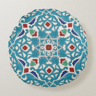 Blau Rot Grün Weiß Portugiesisches Azulejo-Muster Rundes Kissen