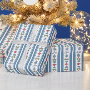 Blau Rote Nordische Volksstreifen Weihnachten Geschenkpapier