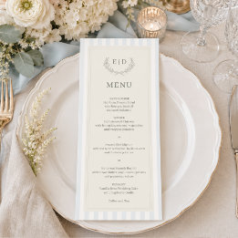 Blau & Salbei gestreifte Monogramm-Hochzeit Menükarte